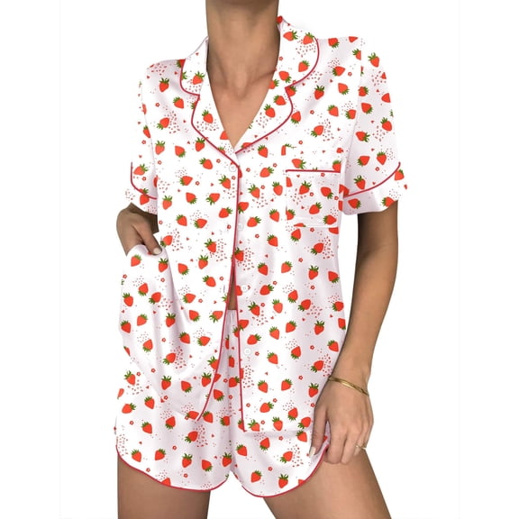 Ekouaer Womens Silk Satin Pajama Sets 2 Piece Button Down Silk Pjs Shorts Sets Cute Print Short Sleeve Sleepwear