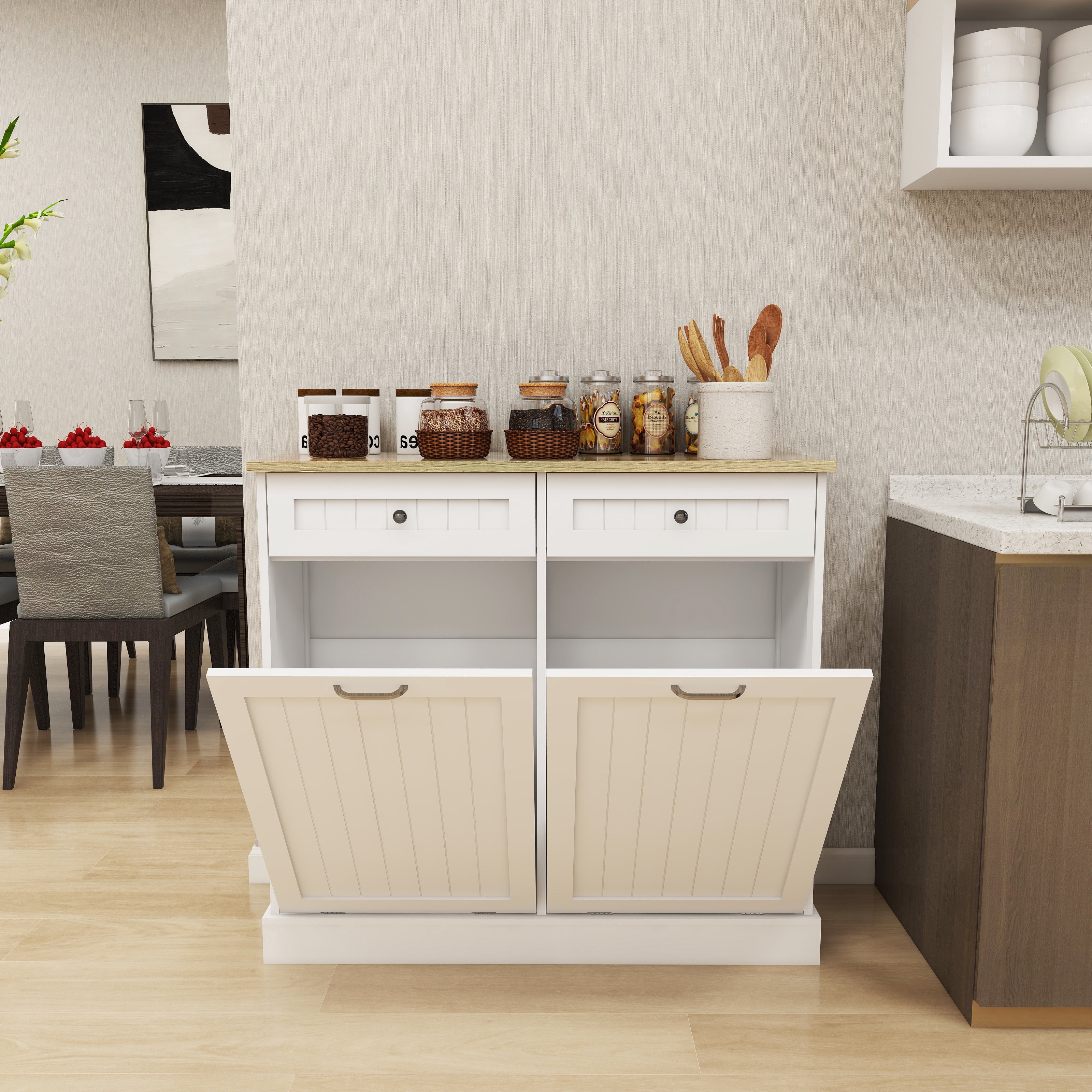 Mintazer Kitchen Trash Cabinet with 2 Tilt‑Out Compartments, Freestanding Storage Sideboard with 2 Drawers & 10‑Gallon Trash Can Holder for Kitchen Dining Room, White