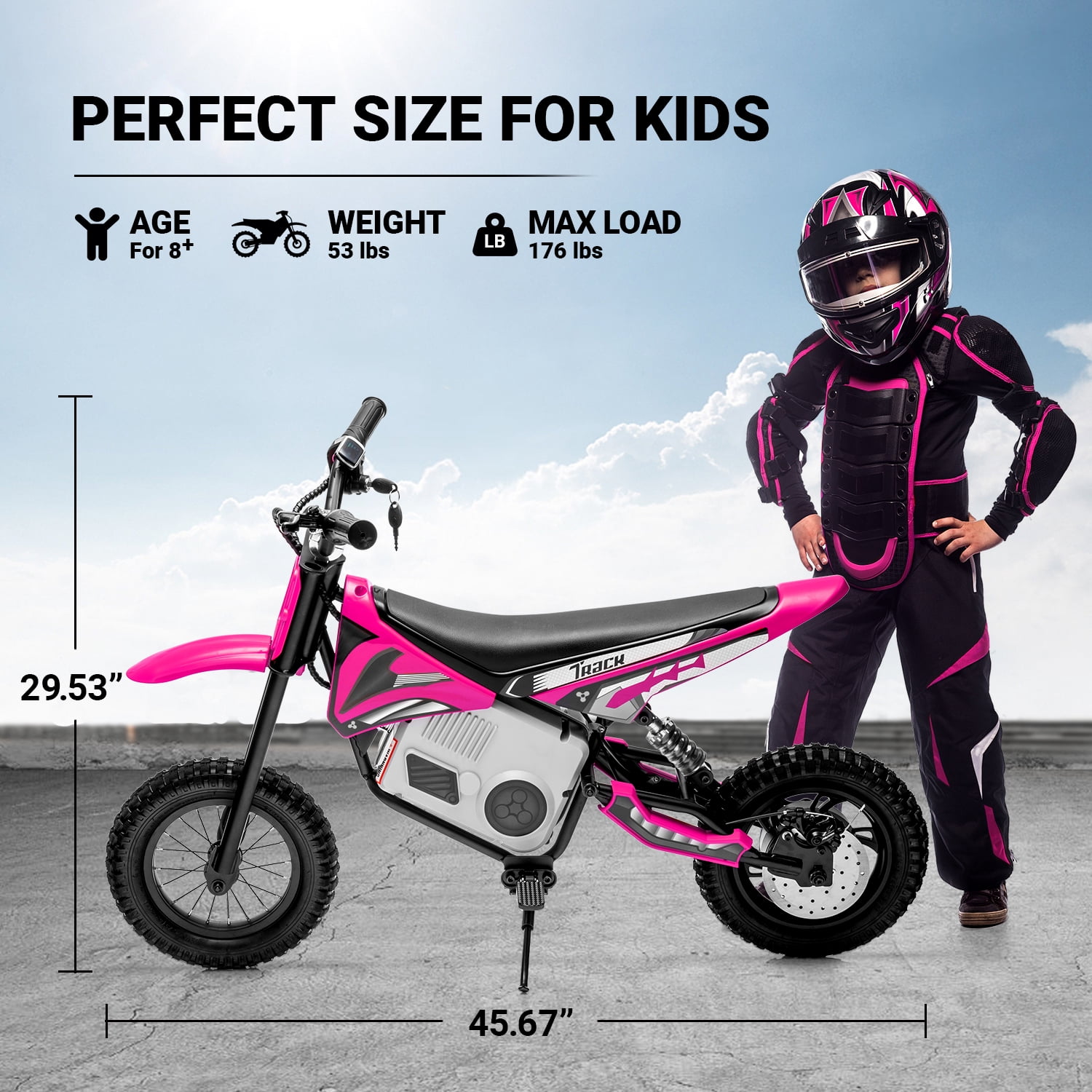 Track Seven 24V Electric Dirt Bike, 250W Ride on Motorcycle with Twist Grip Throttle, Hand-Operated Dual Brakes, Speed Up to 10 MPH, for Age 8-12, Pink