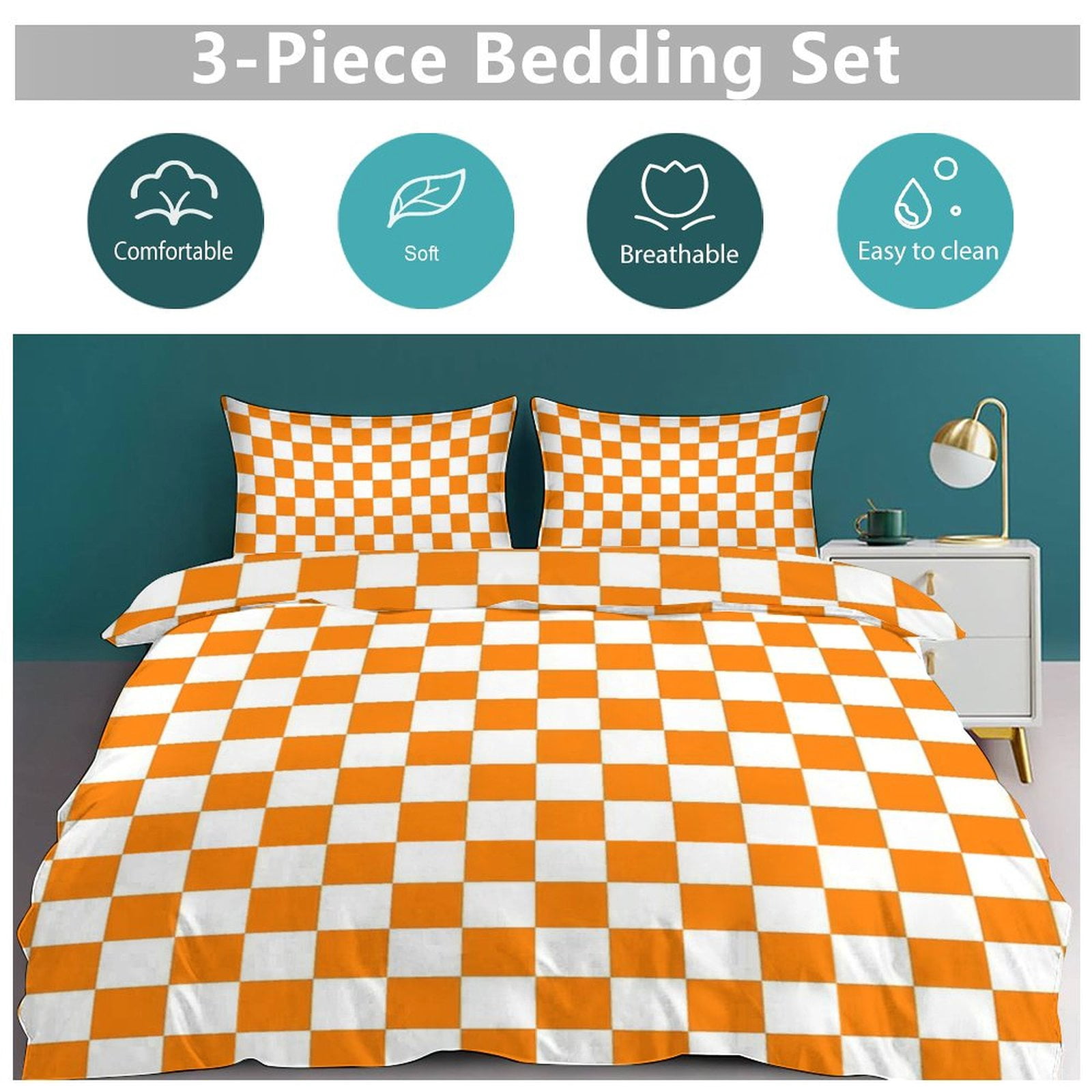 3 Pcs Soft Bedding Set, Includes 1 Duvet Cover with Zipper And 2 Pillow Shams,Orange And White Check Queen(90"×90")