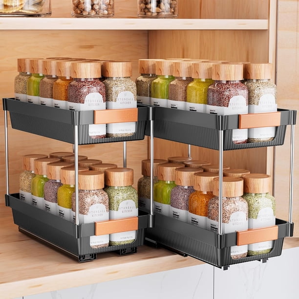 Paquetes de 2 Organizador de Cocina Deslizante de 2 Niveles, Especieros para Cocina Verticales, Estante Extraíble para Gabinete, Organizador de Especias