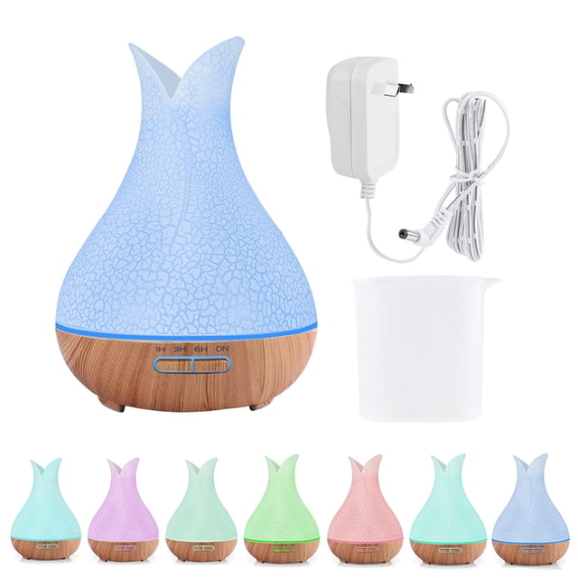 Humidificador de aire de grano de madera de 400ml, difusor de aceites esenciales aromáticos con 7 luces cambiantes de color para oficina, hogar, 100-240V