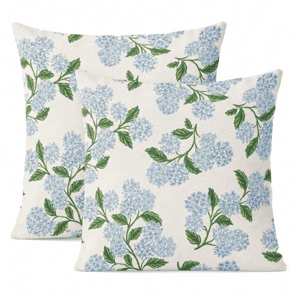Spring Pillow Covers 20x20 Inch 2 Pcs Blue Green Hydrangea Flower Decor Throw Pillows Vintage Floral Seasonal Summer Outdoor Decoration Pillowcase Linen Cushion Cover for Couch Sofa