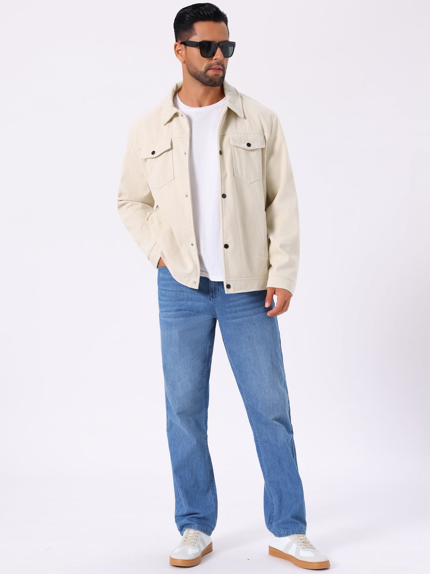 DARING DIVA Men's Solid Long Sleeve Button Pockets Corduroy Trucker Jacket M White