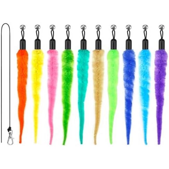 10PCS Cat Worm Toy for Cats, Cat Wand Toy Accessories, Cat Feather Toy Attachments Replacements, and 1PC Black String for Cat Fishing Pole Toy, Assorted Worm Cat Toy Teaser for Indoor Cats Kitten