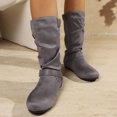 thumbnail image 2 of Rokment Womens Retro Slouch Mid Calf Flat Boots Comfortable Casual Buckles Suede Knit Patchwork Round Toe No Heels Dress Booties Fall Winter, 2 of 7
