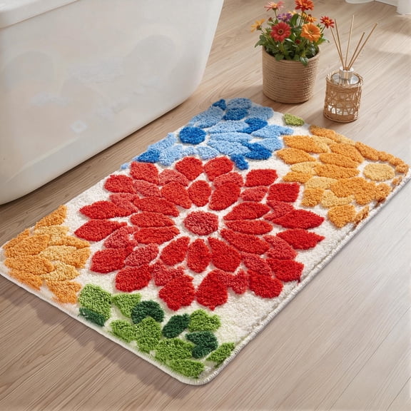 SIXHOME 20"x32" Vibrant Floral Bathroom Rug Non Slip Bath Mat Fluffy Soft Super Absorbent Quick Dry Bathroom Mat Machine Washable Tufted Floral Bath Mats for Bathroom Floor Beige
