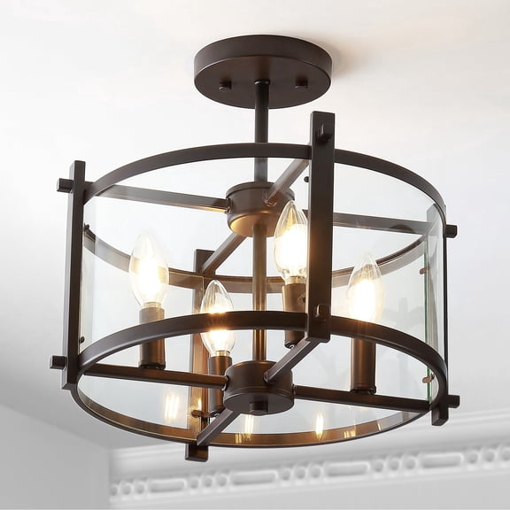 JONATHAN Y Hampdon 15" Iron/Glass Modern Drum LED Flush Mount, Oil Rubbed Bronze, JYL6700A