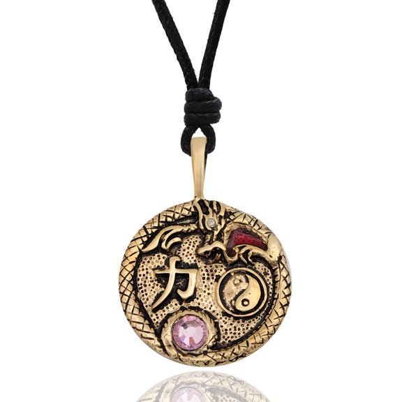 Light Pink Yin Yang Dragon Handmade Brass Necklace Pendant Jewelry With Cotton Cord