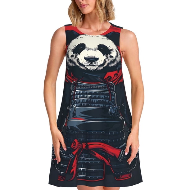 Disketp Red Black Eastern Panda Warrior para Vestido sin Mangas para Mujeres, Vestidos de Verano para Mujeres, Casual y Holgado para la Playa