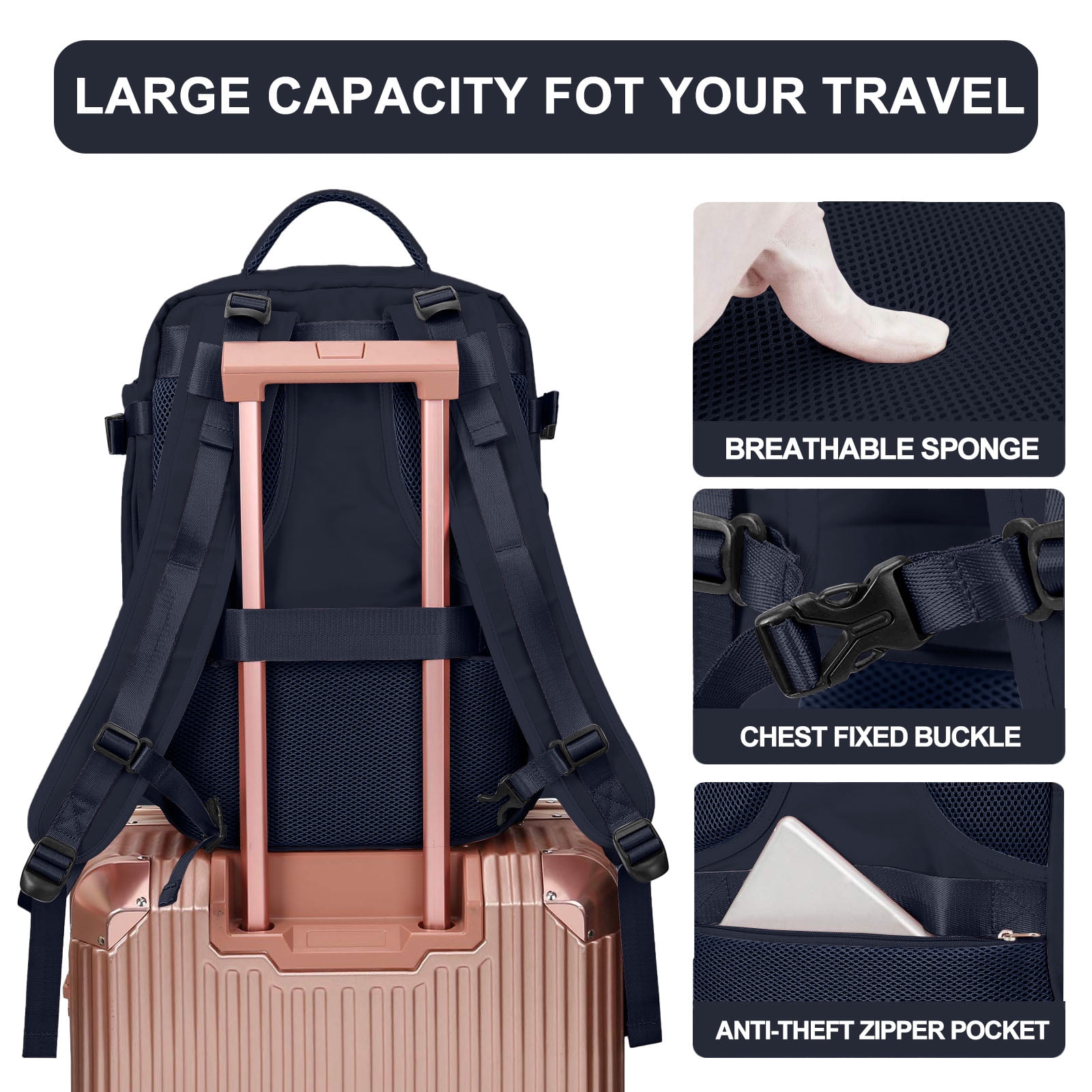 DAKIMOE Large Travel Backpack for Women Men Laptop Bag Airline Approved Carry On Backpacks Waterproof Anti Theft Gym Bags Hiking Flight Approved Luggage Casual Daypack, Large, Dark Blue