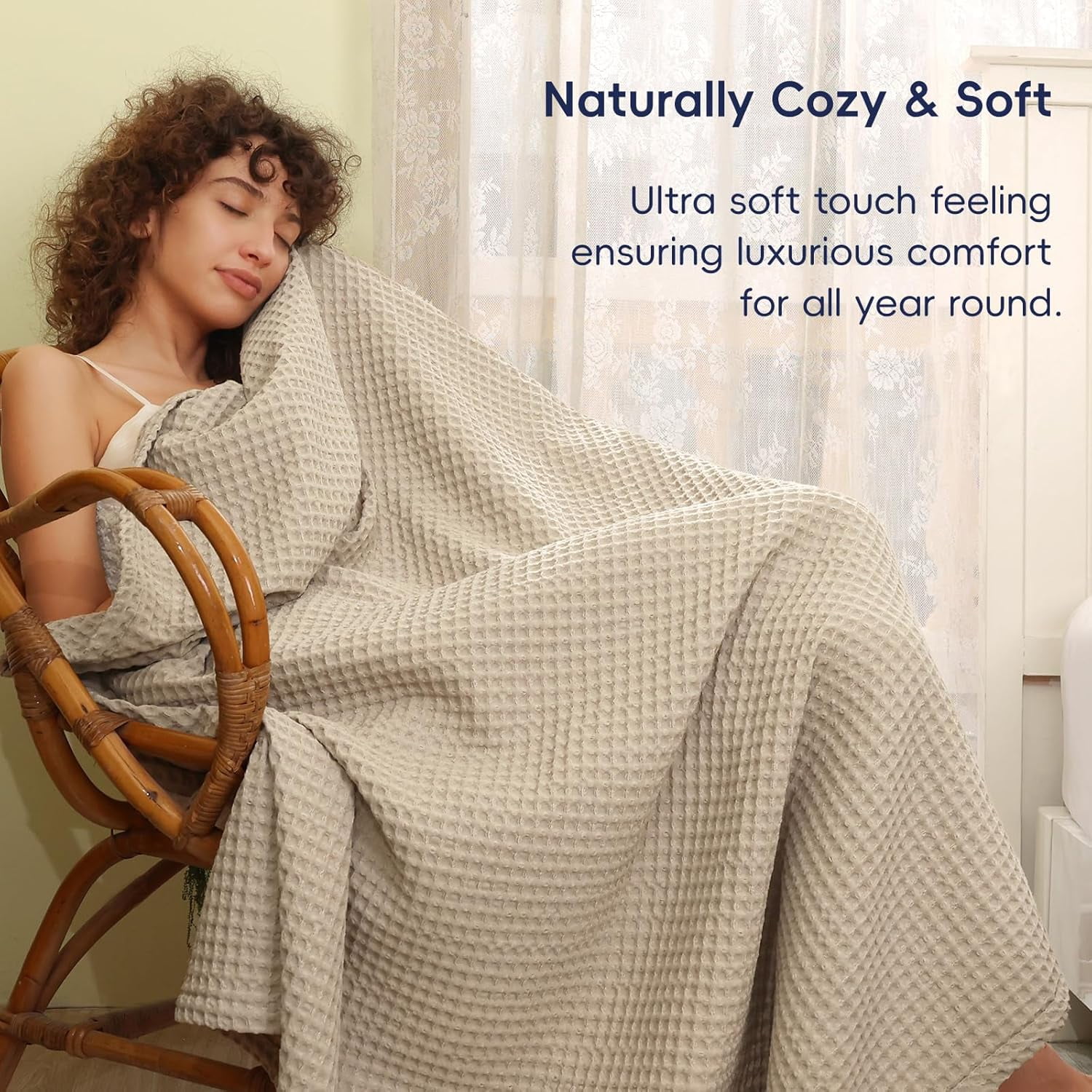 PHF Ultra Soft Waffle Weave Blanket King Size, Washed Lightweight Summer Breathable Blankets for Hot Sleeper, Khaki, 104x90 inches