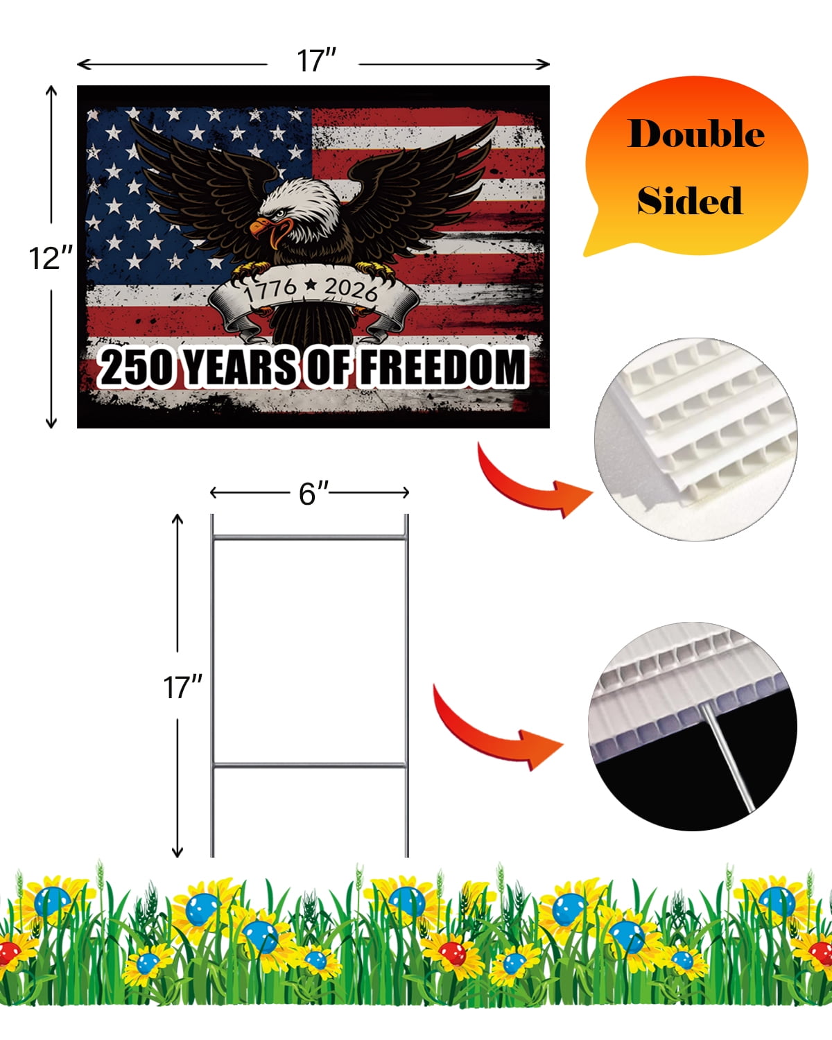 250th Anniversary Patriotic Yard Sign 12" x 17" with H Stakes, American Flag Eagle 1776-2026 Waterproof Independence Day Lawn and Garden Decor, 250 Years of Freedom Outdoor Welcome Sign