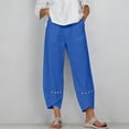 thumbnail image 3 of Costeam Womens Capri Pants Cotton Linen Blend Wide Leg with Side Pockets Mid Rise Relaxed Waist Lace Embroidery Split Cuff Cropped Trousers Lightweight Breathable Soft Casual Summer Bottoms, 3 of 7