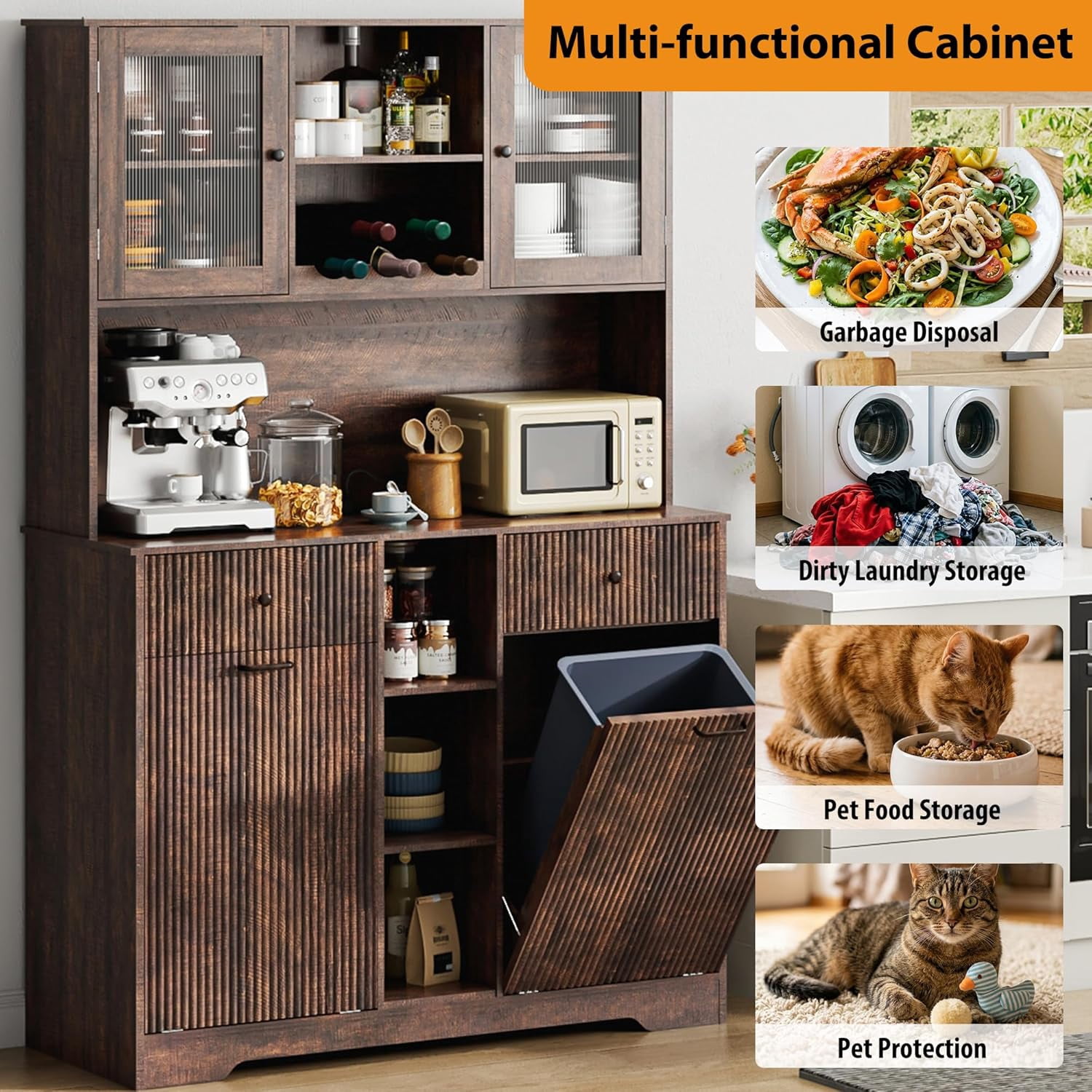 Blotout 47" Wide Kitchen Pantry Storage Cabinet with Charging Station & Microwave Stand, Tall Fluted Kitchen Hutch Cabinet, Double Tilt Out Trash Can Cabinet 10X2 Gallon