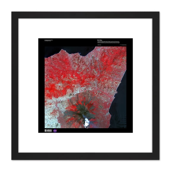 Science Map Satellite Mount Etna Volcano Sicily Replica 8X8 Inch Square Wooden Framed Wall Art Print Picture with Mount