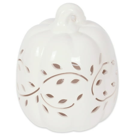 Outdoor Fall Party DII Halloween & Fall White Pumkpin Decorative Tealight Ceramic LED Lantern Ideal for Indoor Home Decor, Outdoor Lighting, Farmhouse, Vine Leaves Design ()