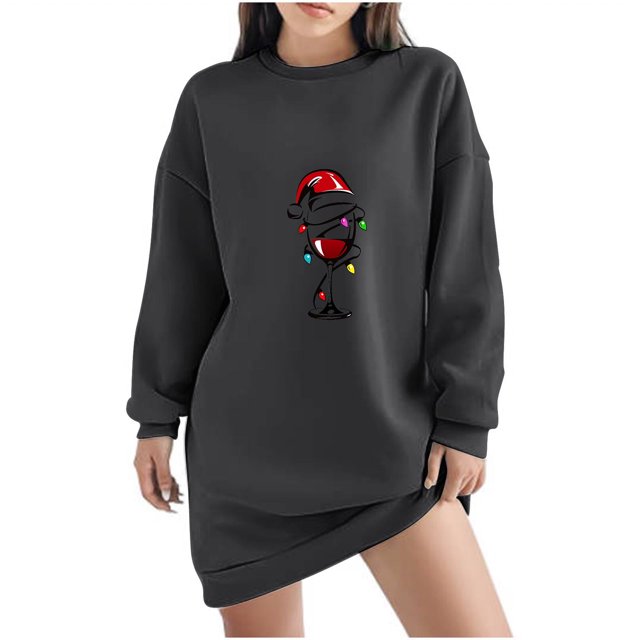 Pisexur Robes de Noël pour Femmes, Robe Chandail en Molleton à Col Rond Imprimé Verres de Vin Tendance, Robe de Fête Décontractée à Manches Longues, Robe de Vacances de Noël Mini Robe