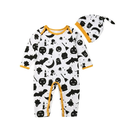 2019 Festival Newborn Baby Girl Boy Halloween Long Sleeve Romper Jumpsuit Cute Print Playsuit Hats Clothes Sets 2Pcs