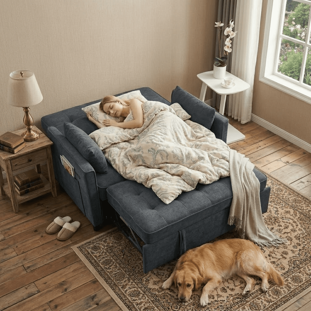 Howcool 55" Sleeper Sofa Bed, 3-in-1 Pull Out Convertible Loveseat Couch with 5-Level Adjustable Backrest, USB Port & Side Pocket, Terry Fabric Sofa for Living Room, Bedroom & Small Spaces,Dark Grey