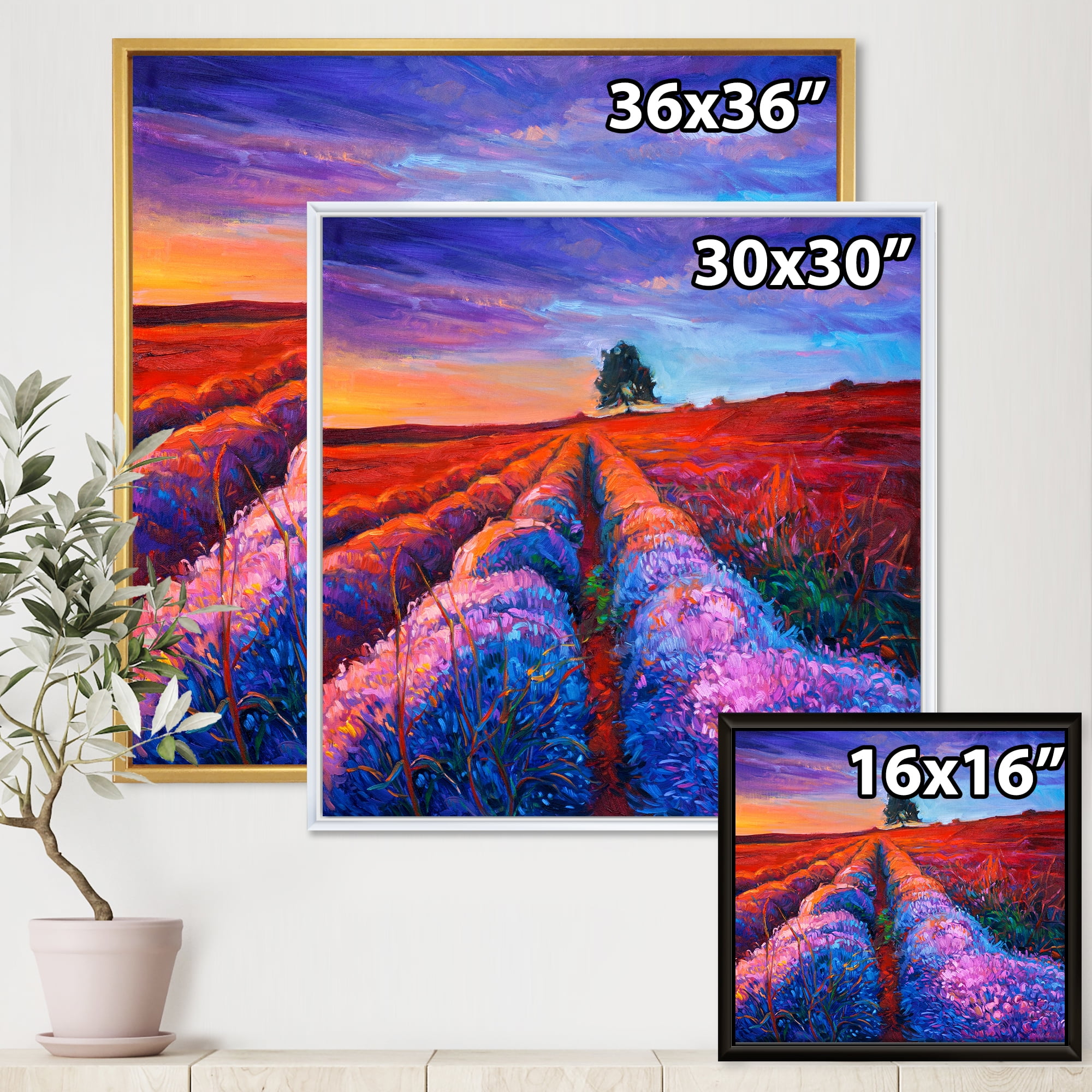 Designart 'Lavender Fields With Distant Tree & Sunset Glow' Farmhouse Framed Canvas Wall Art Print