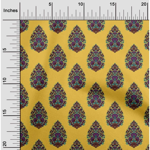 oneOone Cotton Poplin Yellow Fabric Leaves & Floral Block Dress Material Fabric Print Fabric By The Yard 56 Inch Wide