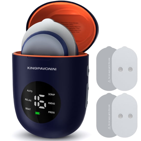KingPavonini Wireless TENS Unit Muscle Stimulator, Bule Portable Rechargeable TENS EMS Machine, LED Screen, Dual Channel 6 Modes 16 Intensity Massager, Charging Case (4 Pads)