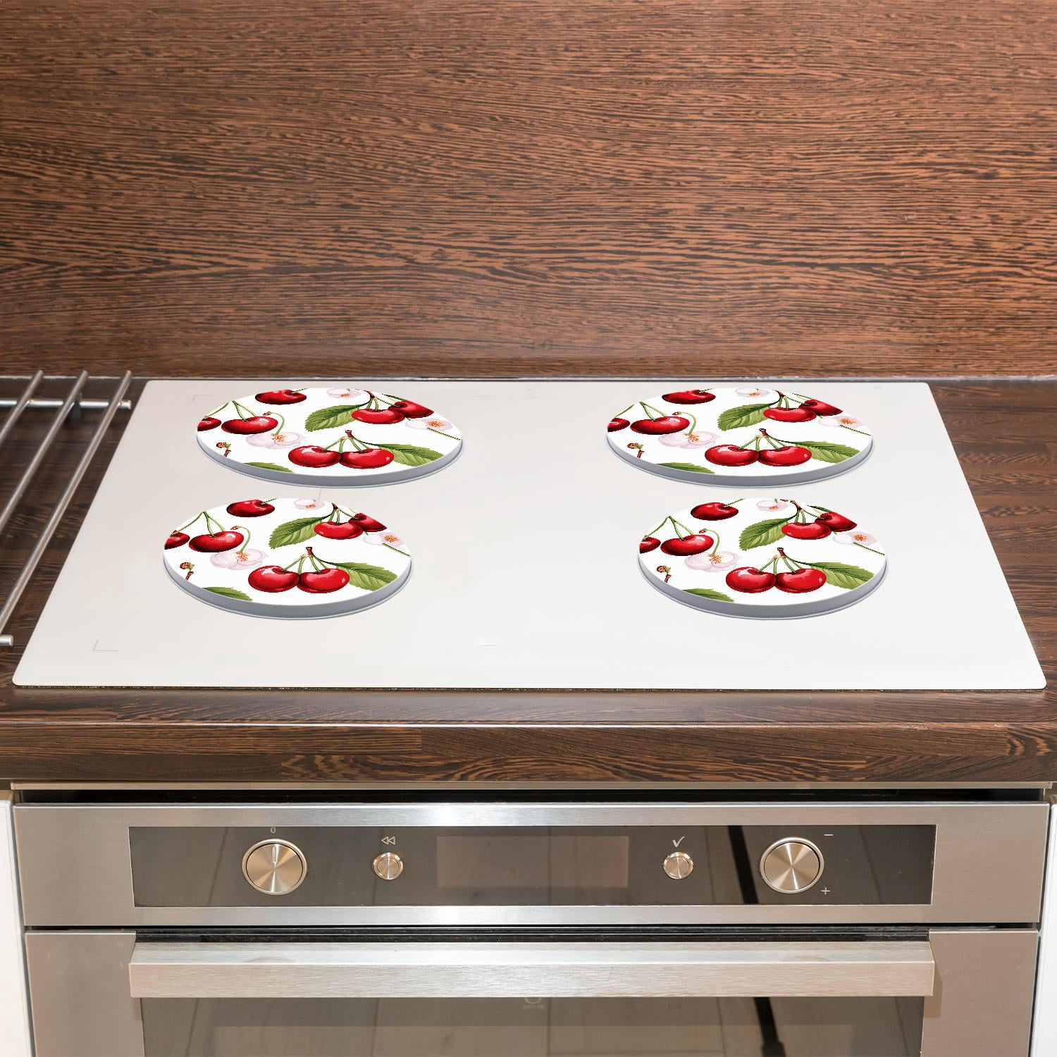Round Stove Burner Covers 4 Pcs for Home Decor Cooktop Decorative ,Red Cherries Green Leaves style, Metal Round Stove Burner Covers 8Inch And 10Inch