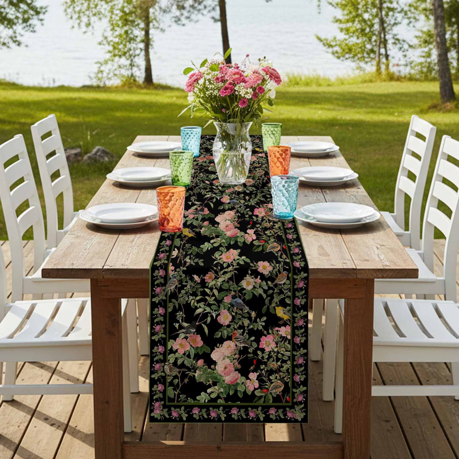 Black Spring Floral Burlap Cotton Table Runner 13x90 Inches Long, Elegant Pastoral Flowers Birds Retro Art Farmhouse Table Runners, Outdoor Dining Tablecloths Decor for Baby Shower/Party/Wedding