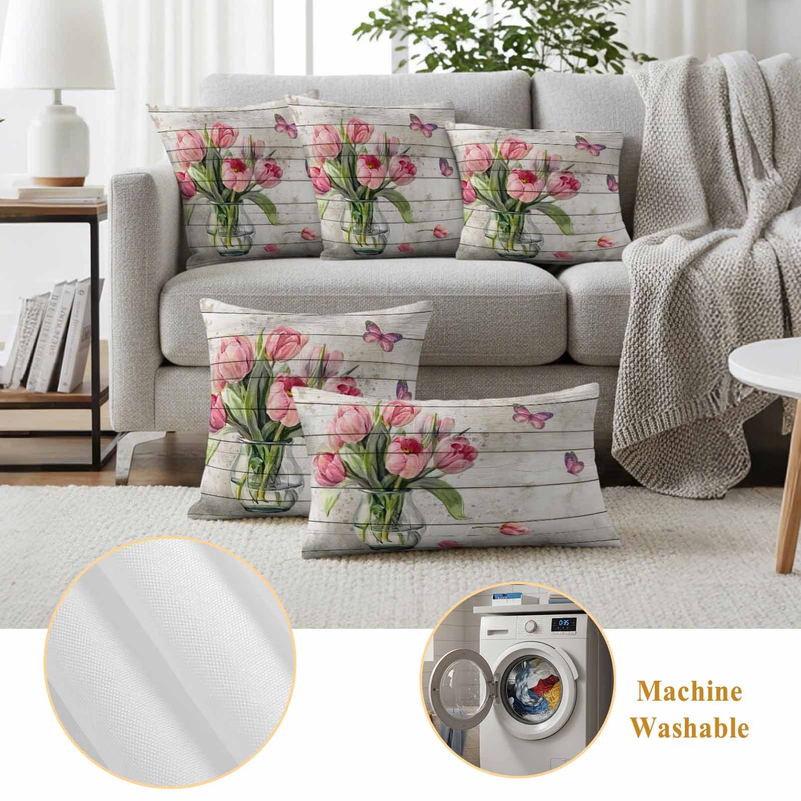 Pink Tulip Outdoor Waterproof Pillow Covers, Vintage Spring Floral Retro Art Butterfly Wooden Decorative Square Throw Pillowcase Sofa Cushion Sham for Patio/Couch/Chair, 24"x24" 2 Pack