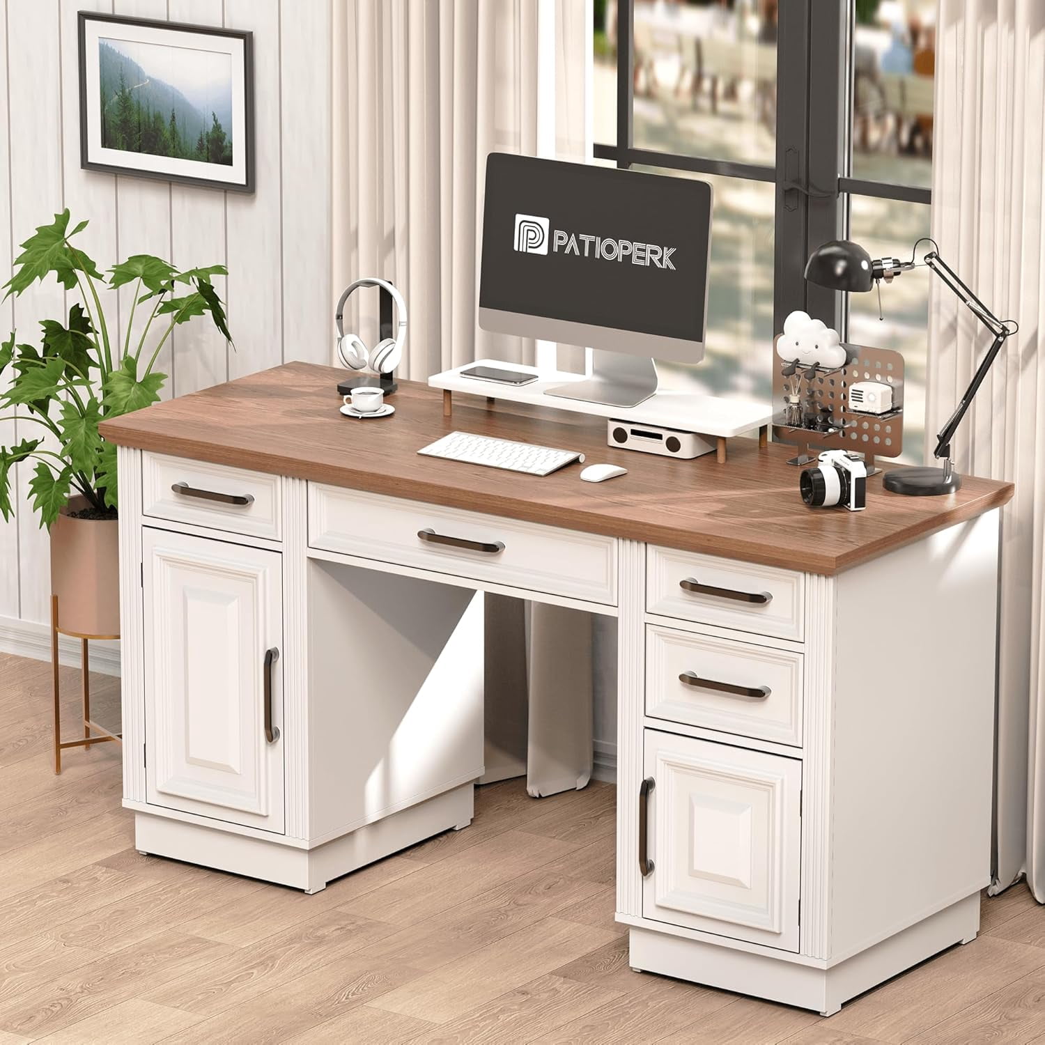 PatioPerk 58" Farmhouse Executive Desk, Wood Home Office Desk with Drawers, Computer Desk with Drawers and Storage Cabinet, Workstation for Office Home, Ivory White