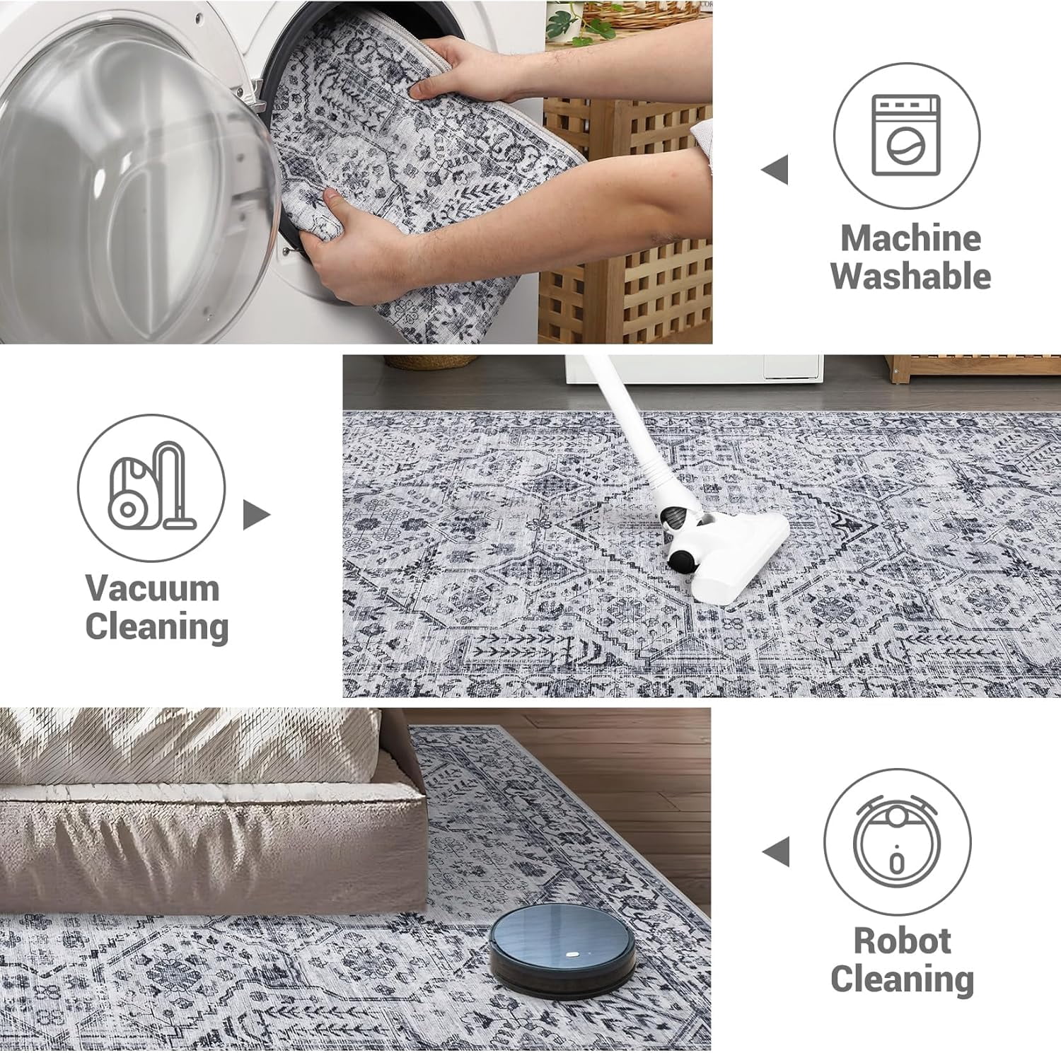 5x7 Area Rugs Washable Soft Vintage Large Rugs Boho Farmhouse Low Pile Non-Slip Indoor Throw Carpet Rugs Dining Room (Grey 5'x7')