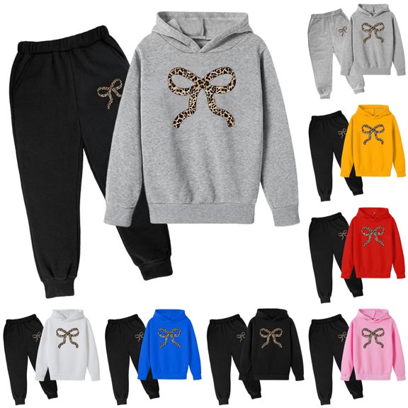 RMGVDSD Girls Sweatsuit 2 Piece Outfits Casual Bow Printed Hoodie Sweatshirts and Sweatpants Fall Winter Fashion Jogger Sets Daily Wear 9-10 Years