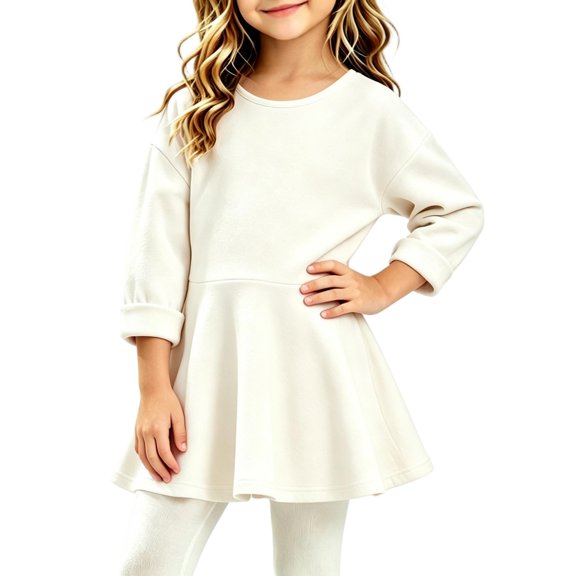 Girls Fall Dress Solid Color Long Sleeve Crewneck Loose Mini Flare Dress Toddler Casual Simple Comfy Outfits for Daily Wear White 12-18 Months