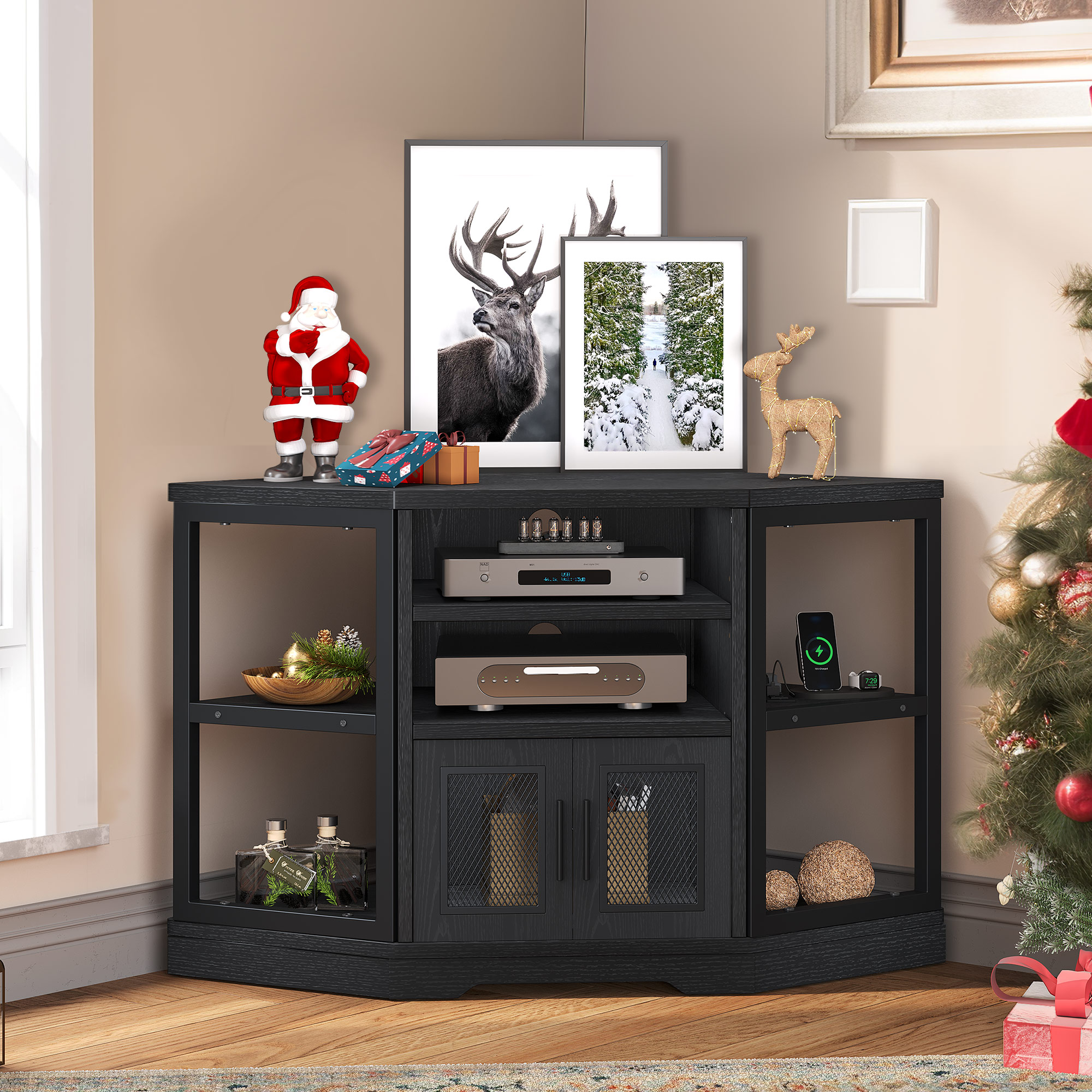 Dextrus Farmhouse Corner TV Stand for 55" TVs, Black photo 7