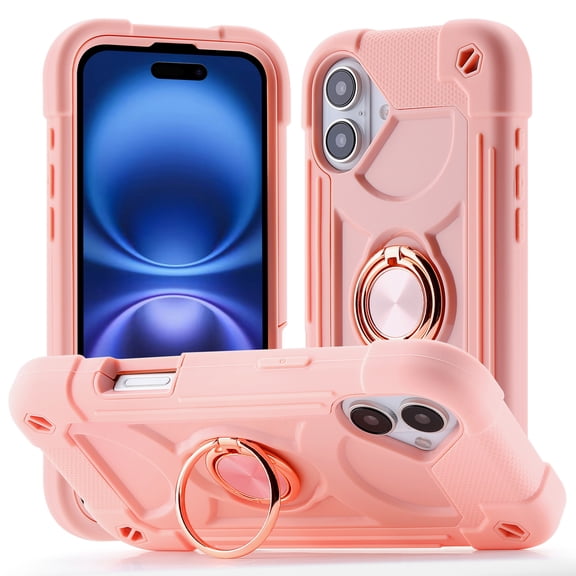 ShellTech Compatible with iPhone 15 Plus Rubber Hybrid Armor Case Built-in 360°Rotating Ring Stand, Military Grade Drop Protection Full Body Rugged Heavy Duty Durable Cover,M Rosegold