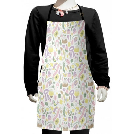 

Pastel Kids Apron Illustration of Christmas Elements Ornaments Presents Tree Cookies Boys Girls Apron Bib with Adjustable Ties for Cooking Baking Painting White Green by Ambesonne