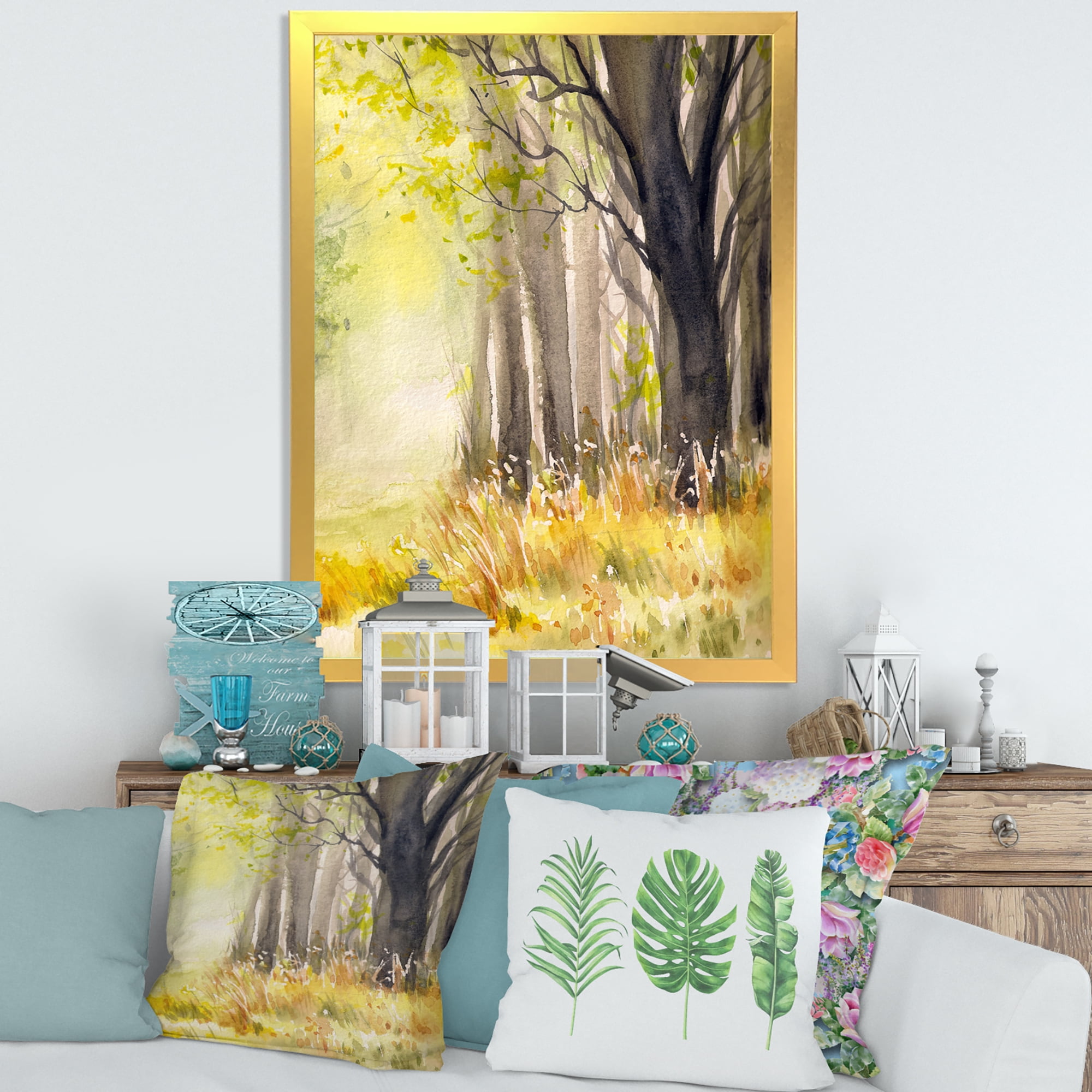 Designart 'Bright Sunshine Through The Yellow Forest Trees II' Traditional Framed Art Print