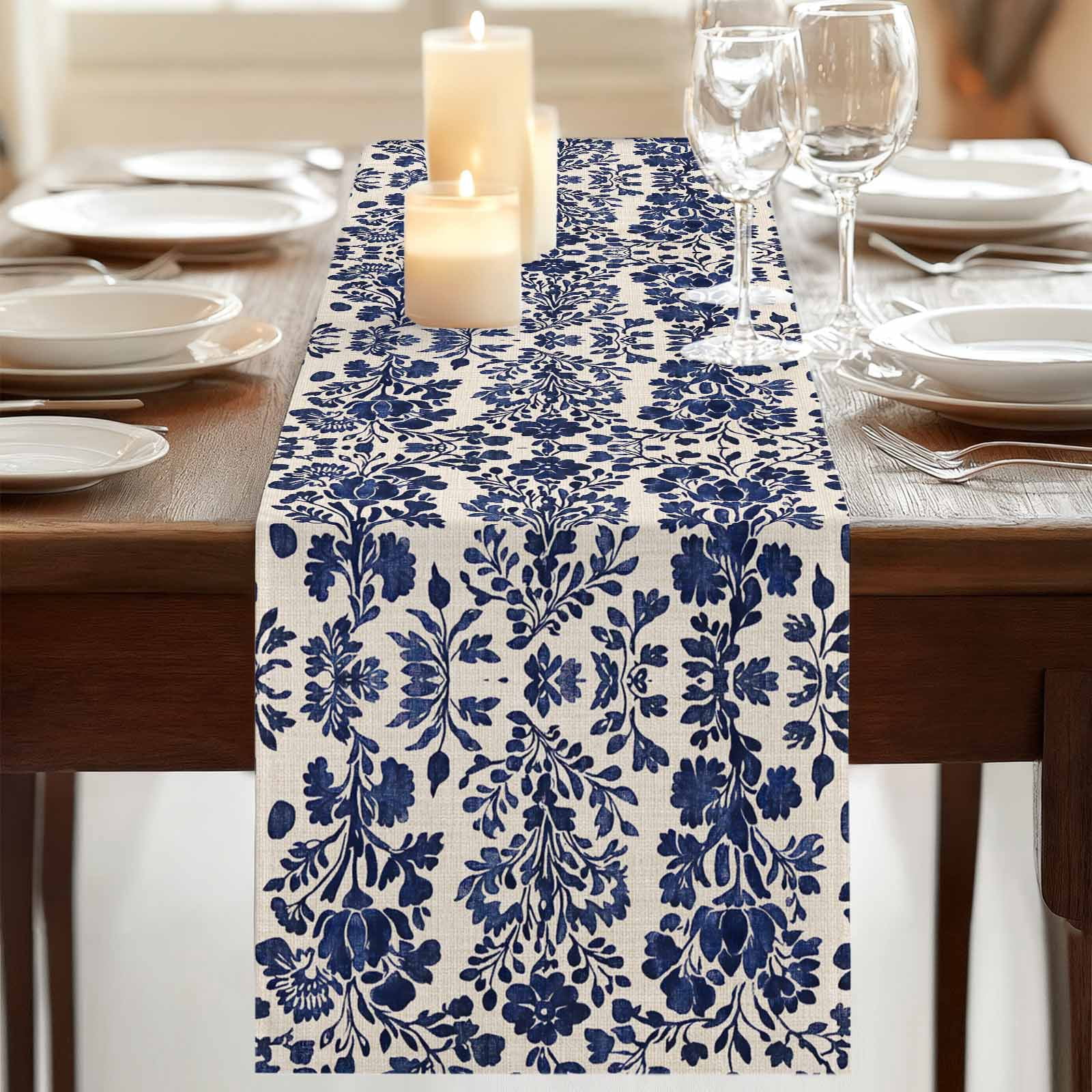 Blue Spring Floral 90 Inch Table Runner, Summer Botanical Farmhouse Rustic Farmhouse Dresser Scarf Cotton & Linen Tablerunner for Dining/Kitchen Island/Holiday Party Décor 13" x 90"