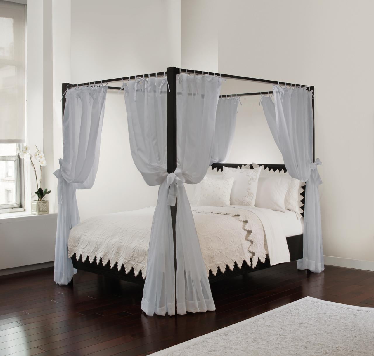 Bed Canopy Grey Sheer Panels, Complete 8 Piece Set with Tie Backs, Fits