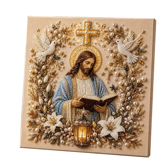 Christian Pearl Art Kit for Adults, DIY Jesus Reading Bible Diamond Painting, Religious Home Decor Craft for Display, 7.87 x 7.87 in