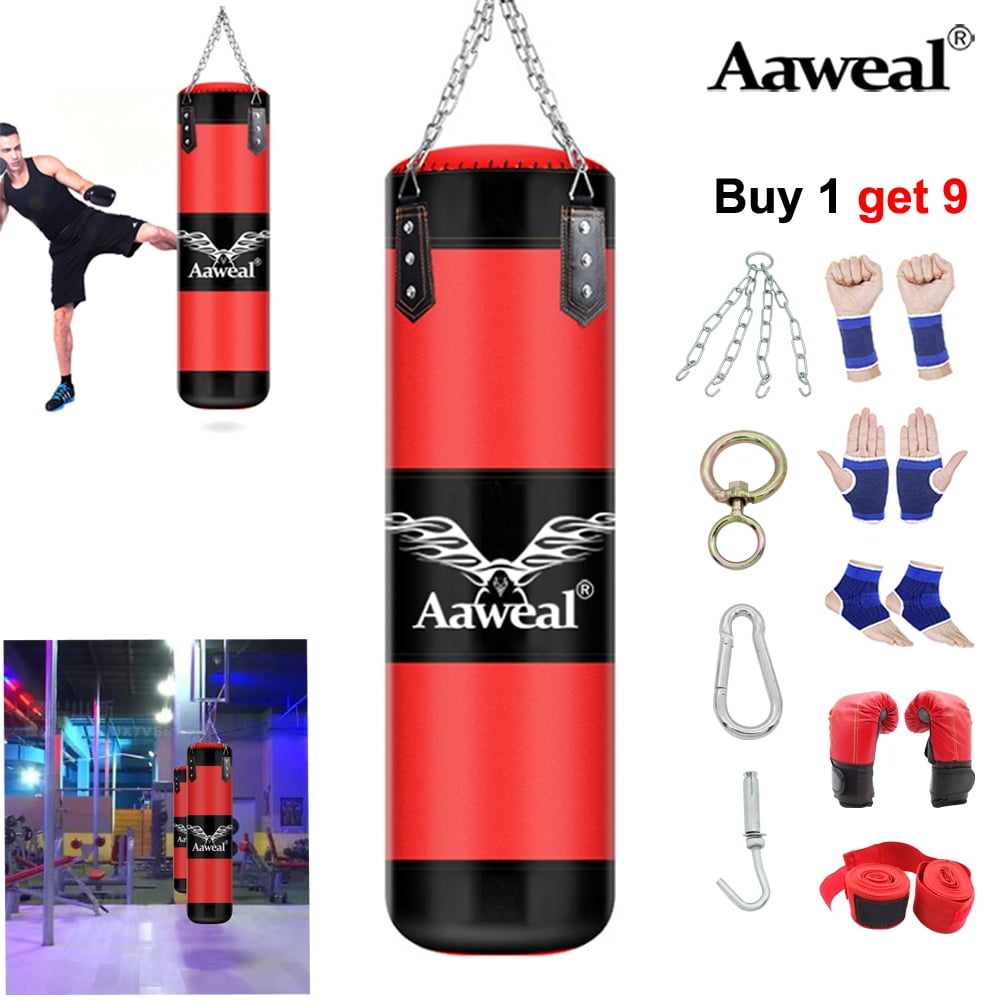 OWSOO Boxing Bag 4ft Unfilled Heavy Punching Bag Sparring Training Sandbag  with Gloves Hand & Wrist & Ankle Guards Chain Ceiling Hook for Adults Home