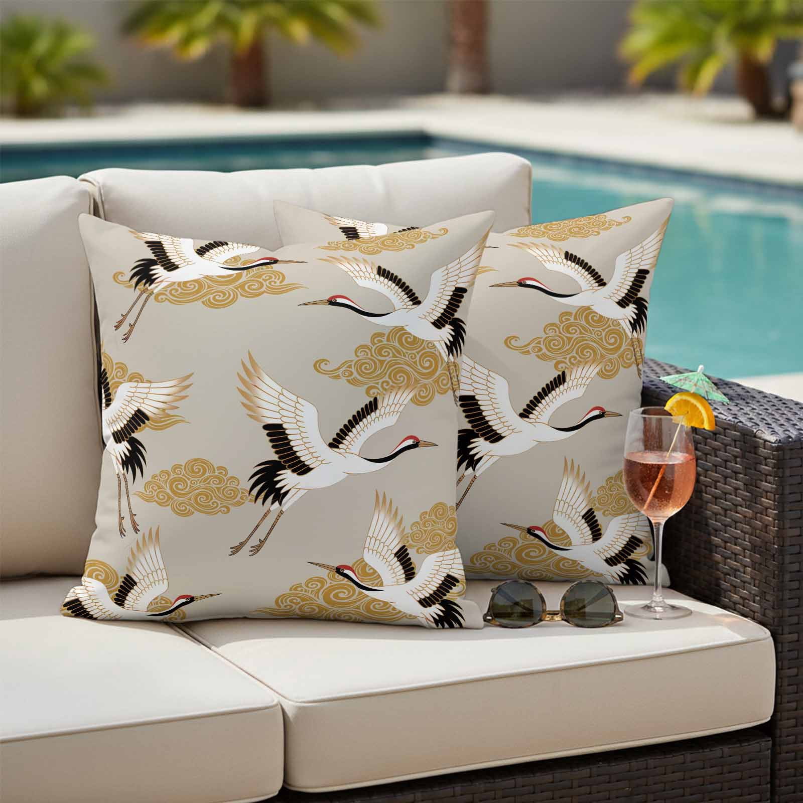 White Crane Outdoor Waterproof Throw Pillow Covers 16x16 Set of 2, Golden Chinese Auspicious Clouds Vintage Beige Pillowcases Cushion Pillowcase for Couch Sofa Patio Outside Pillow Protector