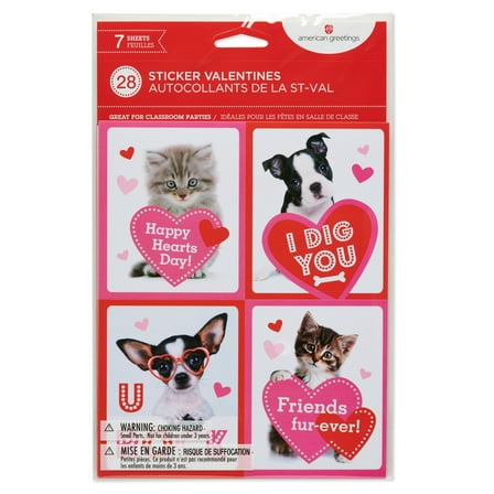 American Greetings Valentine's Day Sticker Cards for Kids Classroom Exchange, Pets (28-Sticker Count, 7-Sheets)