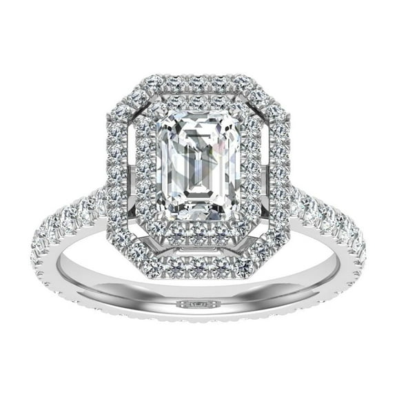 Oryn Jewel 2.3 Ct Emerald Cut Lab-Created Diamond Engagement Ring - 14K White Gold Over Solitaire with Double Halo Accents Rings - Excellent Wedding Ring for Women - Gorgeous Gift