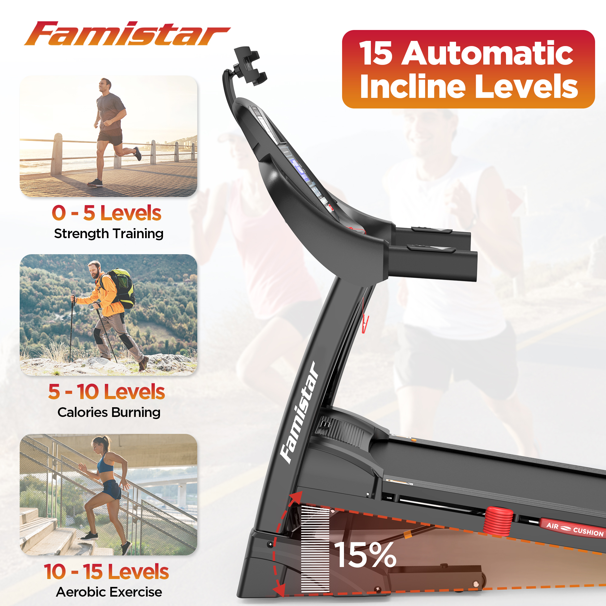 Famistar 4.5HP Folding Treadmill for Home with 15 Auto Incline, Smart APP, 300lbs, HiFi Bluetooth Speakers, 64 Programs, 10MPH Speed, Foldable EleTreadmill Running Machine, Knee Strap Gift - image 2 of 7