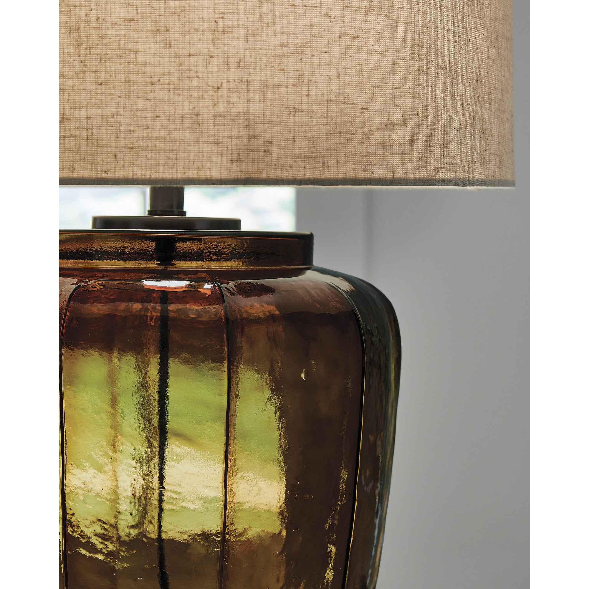Signature Design by Ashley Bainmore 28" Modern Glass Table Lamp with Drum Shade, Deep Amber Finish, Black Metal, 3‑Way Switch