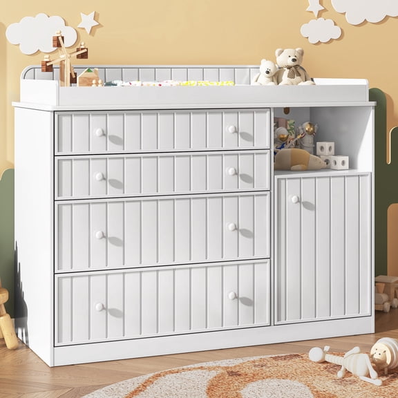 Aphthongs Baby Changing Table Dresser, Nursery Changing Station with 4 Large Drawers & Side Cabinet, Soft Close Storage Chest with Anti-Tipping Device for Infant Room