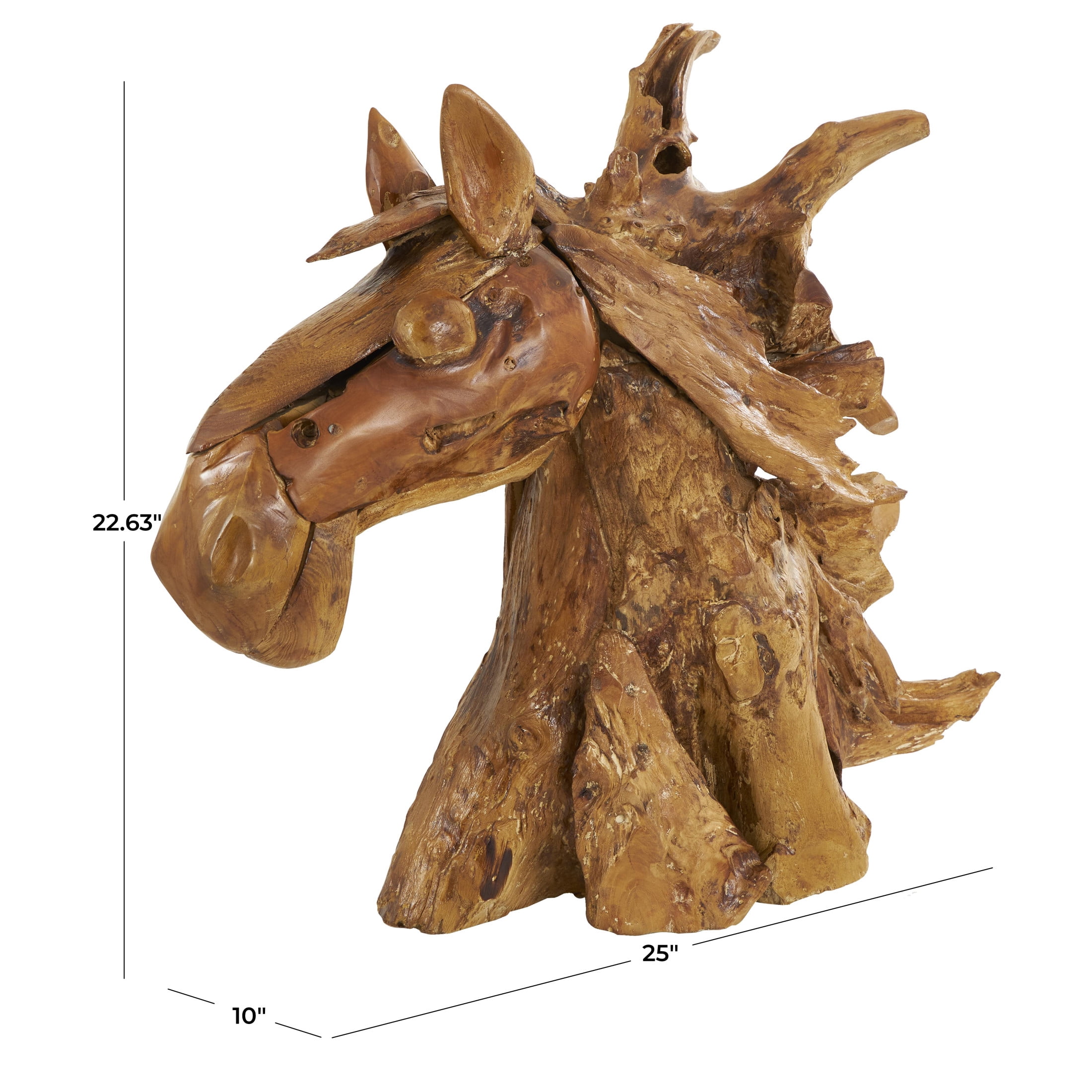 25" x 23" Brown Teak Wood Handmade Horse Sculpture, by DecMode