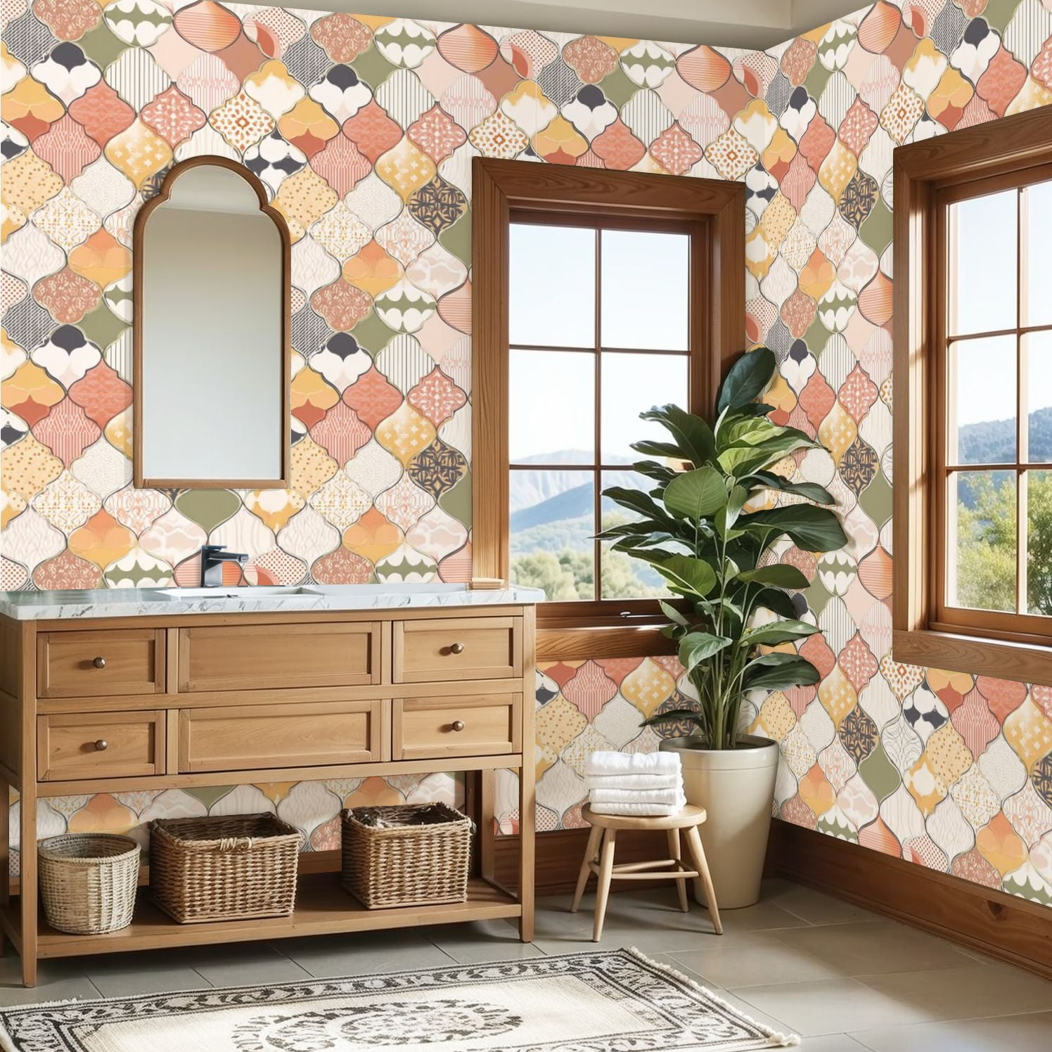 Peel and Stick Wallpaper 23.6in x 9.8ft Bohemian Moroccan Tile Muted Earth Tones Intricate Designs Contact Paper Vinyl Self-Adhesive Removable Wall Paper for Bedroom Bathroom Renter Friendly